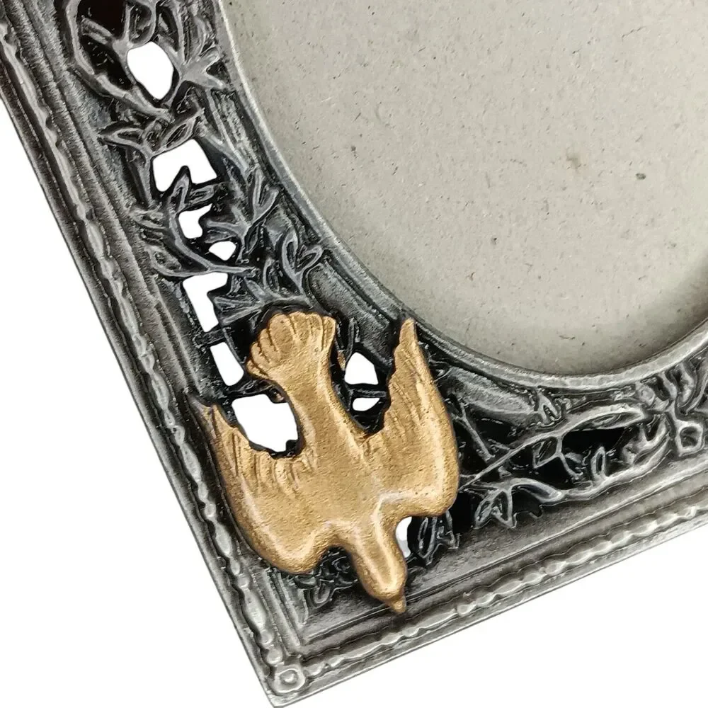 Silver Metal With Gold Dove Picture Frame Floral Vintage 1998 Roman Inc. 3.5x3